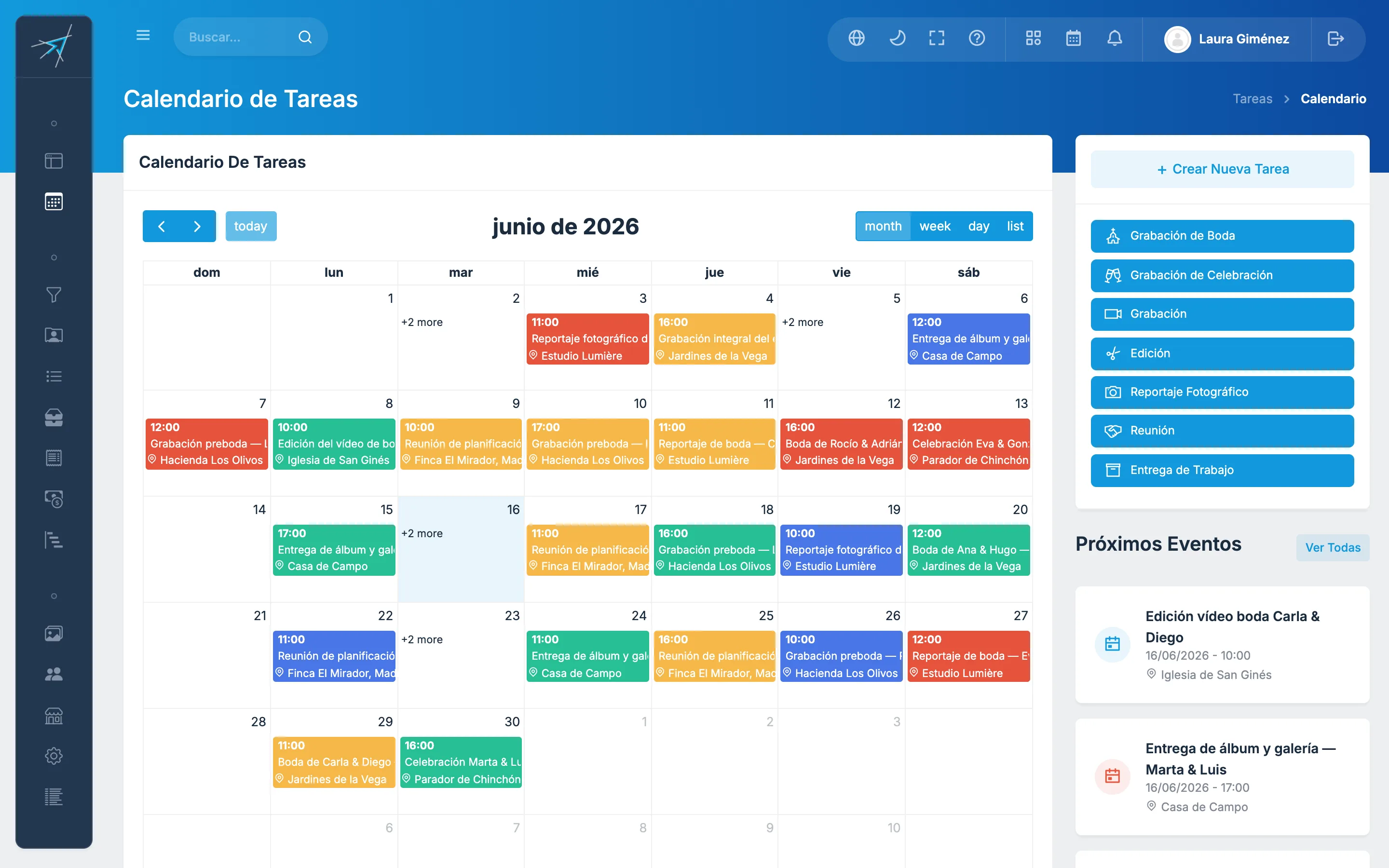 Calendario del estudio con sesiones, eventos y tareas
