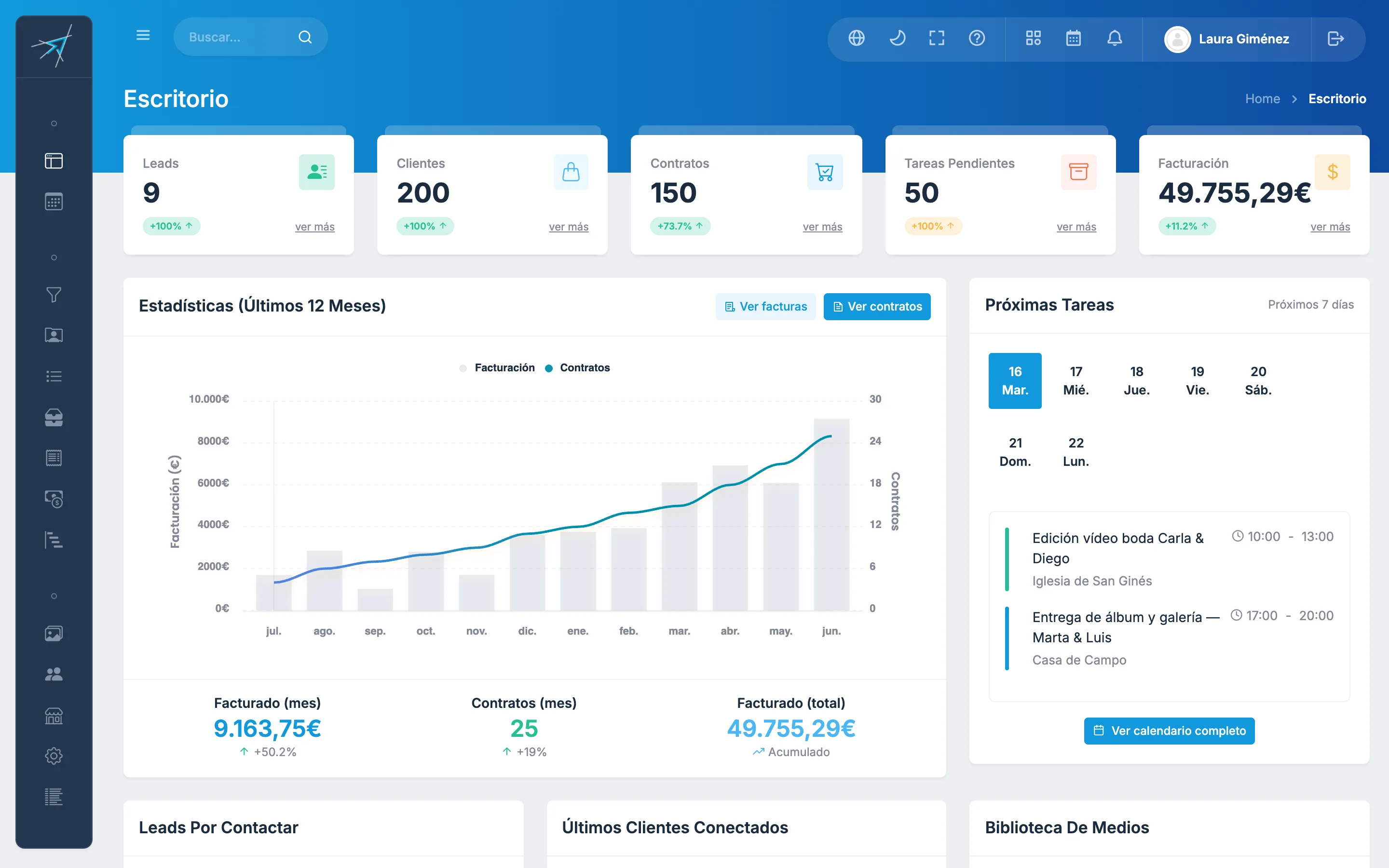 Escritorio de Gestix con ingresos, contratos activos y próximas tareas