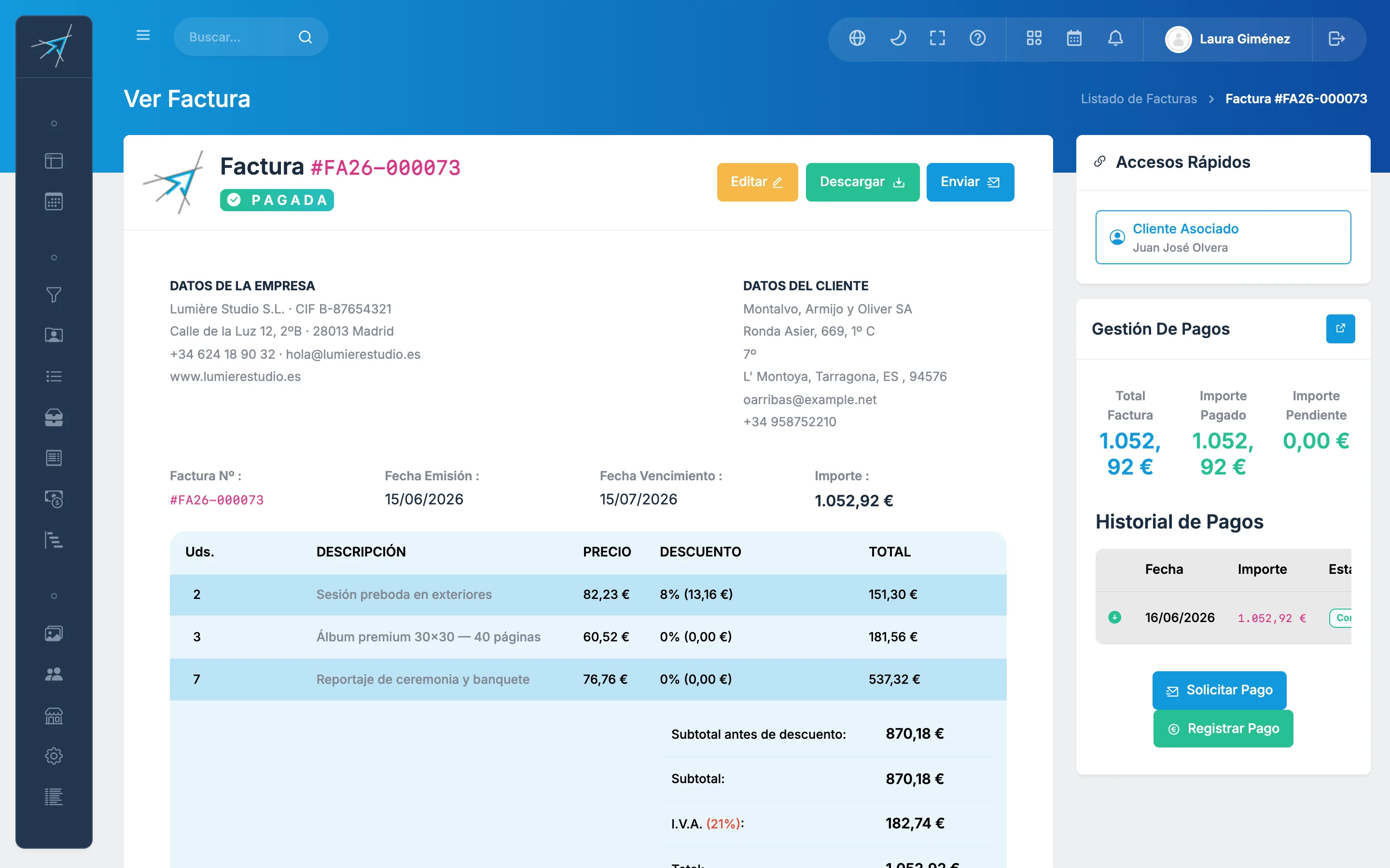 Factura con datos de empresa y líneas