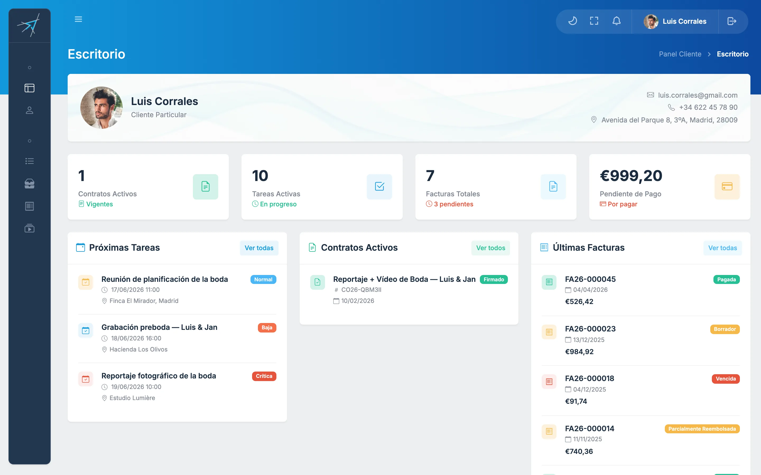 Portal del cliente con la marca del estudio: contratos, facturas y tareas