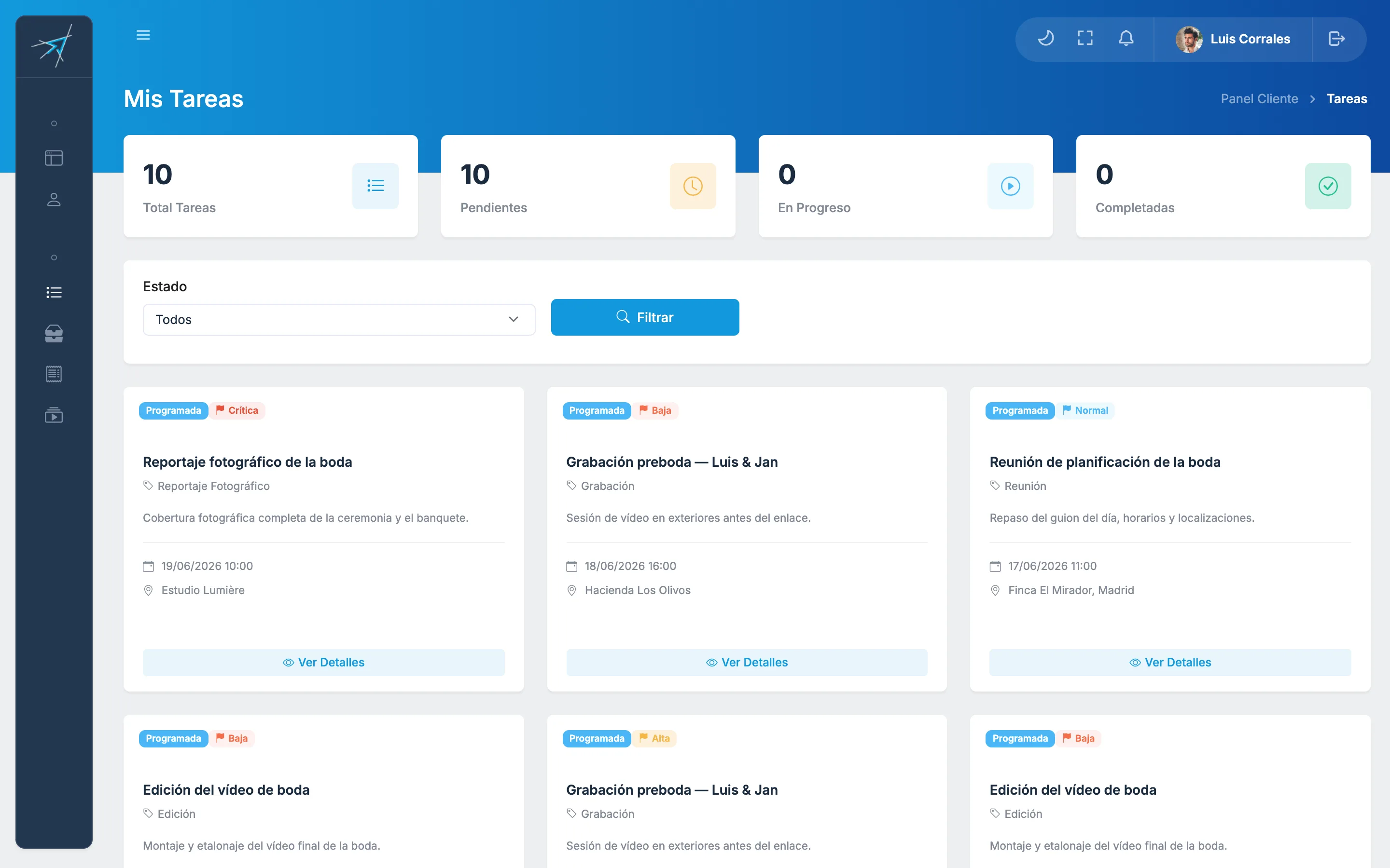 Tareas de producción del vídeo en el portal del cliente